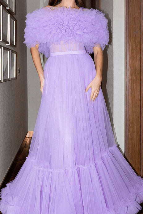 Corset Body with Sheering Off shoulder Tulle dress with beaded stones embroidery