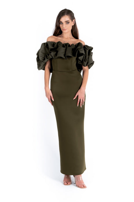 neoprene off shoulder dress Neoprene Bodycon Dress With Ruffles And Feather Off Shoulder