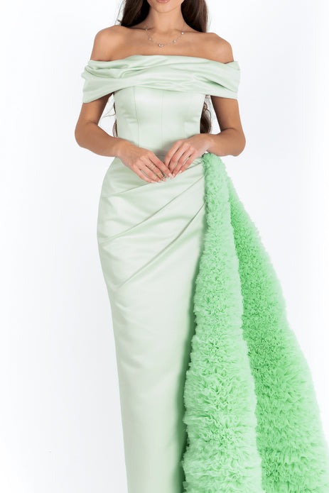 Mint Satin Gown with Tulle Sheering Skirt Cape