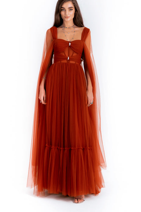 Cape Tulle Gown With Pearl Detail Corset
