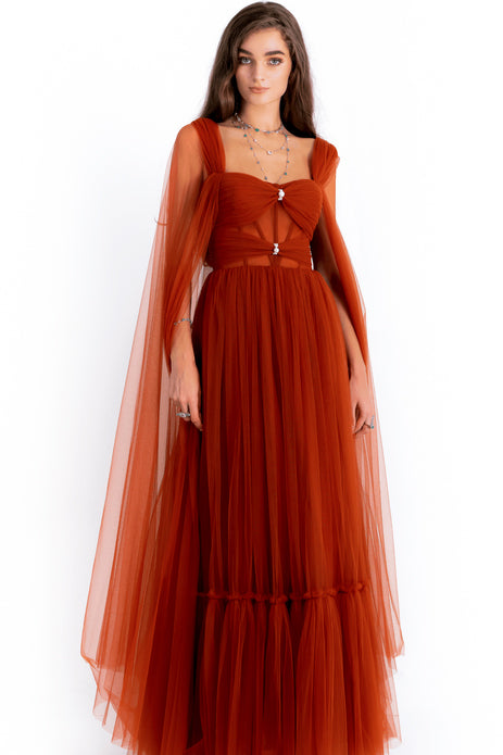 Cape Tulle Gown With Pearl Detail Corset