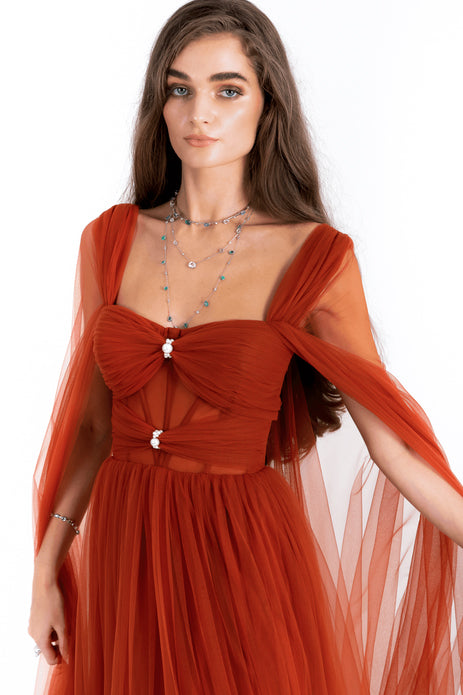 Cape Tulle Gown With Pearl Detail Corset