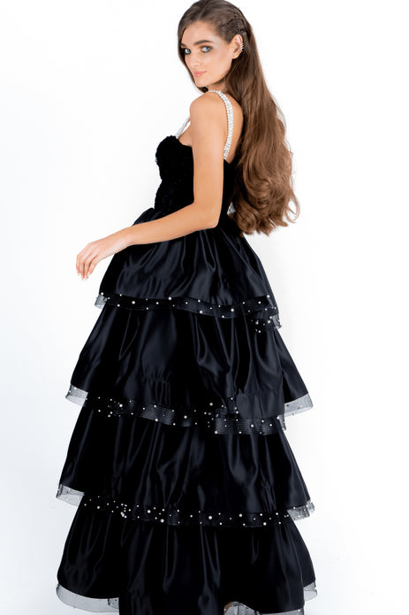 Three Layered Satin Gown With Pearls Strap