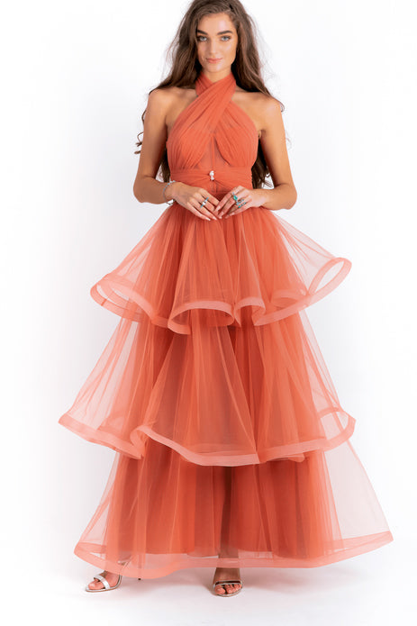 Cross Halter Neck Tulle Gown With Layered Skirt