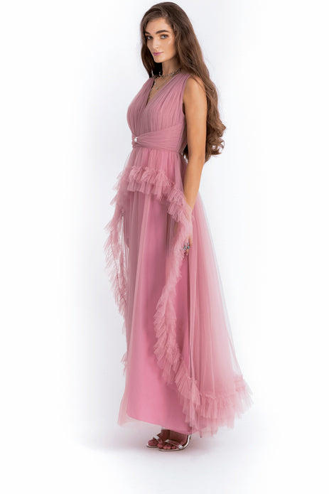 Draped V Neck Tulle Gown With Layered Skirt