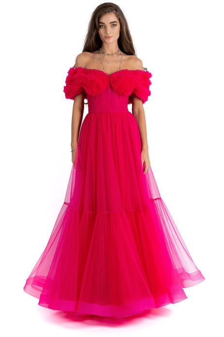 Sheering Off Shoulder Tulle Gown