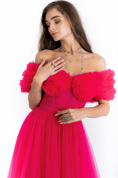 Sheering Off Shoulder Tulle Gown