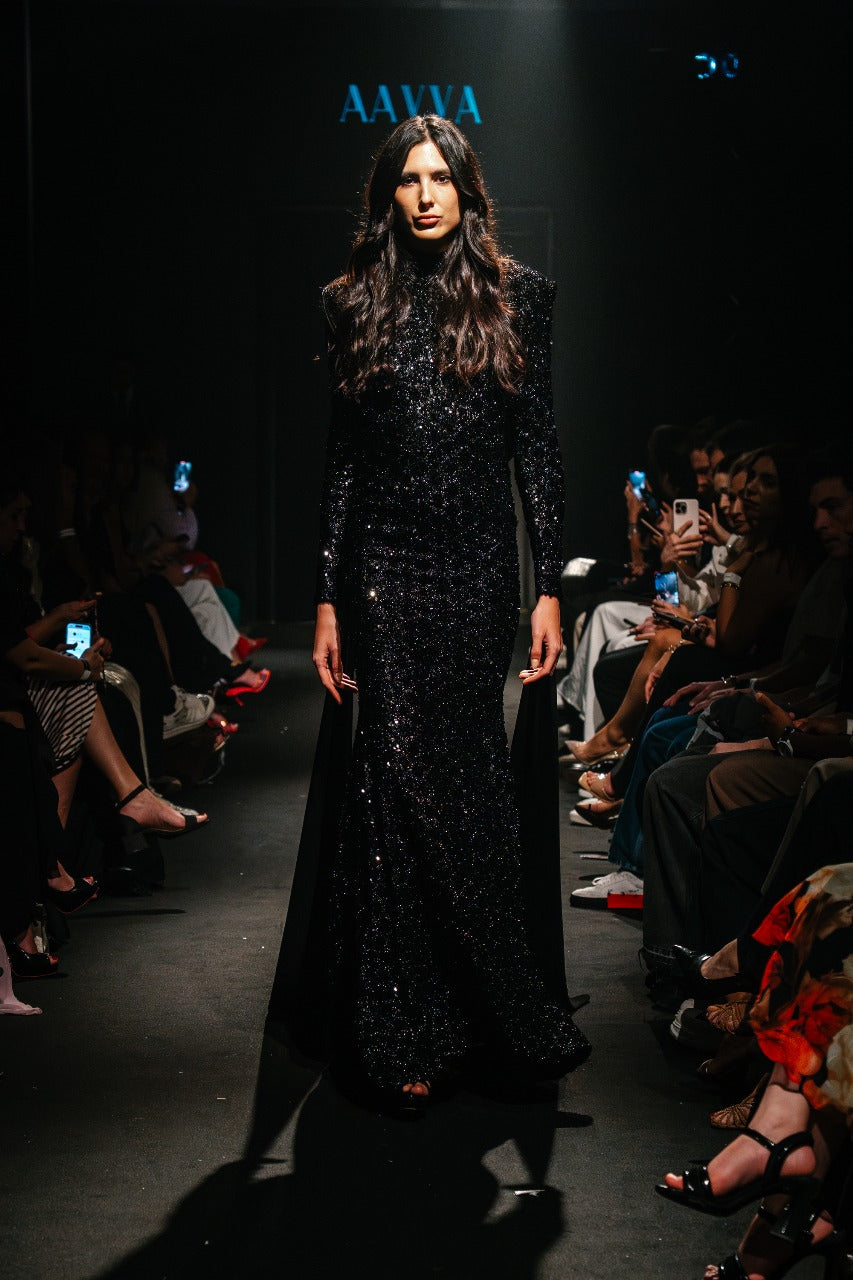 High Neck back less Long Sleeves Sequence