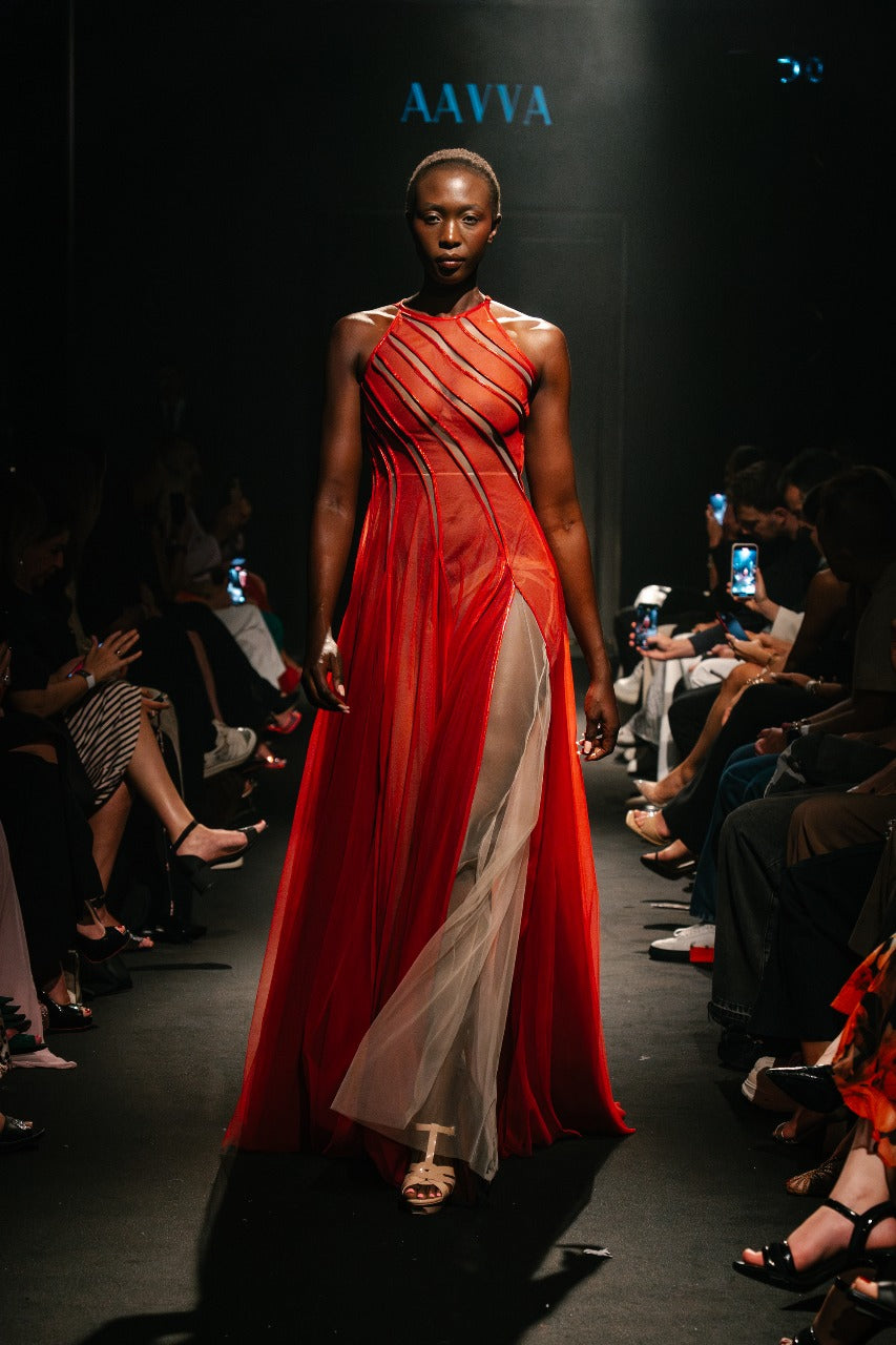Striking Red Halter Gown with Sheer Diagonal Panels