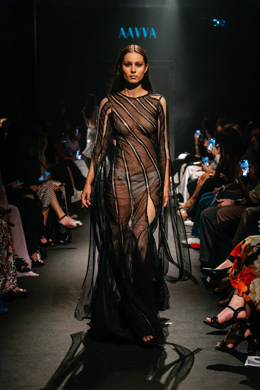 Sheer Gown with Diagonal Metallic Stripes