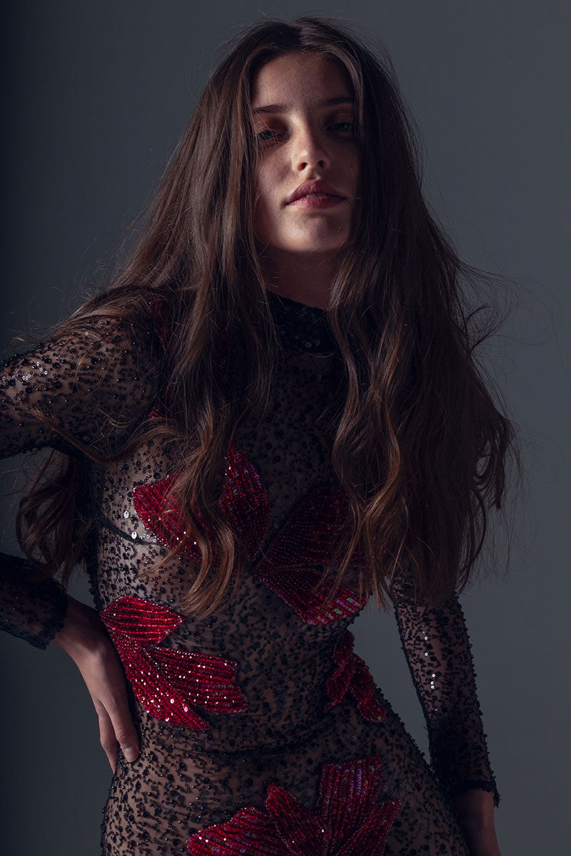 Full embroidered Fabric with appliqué red flowers