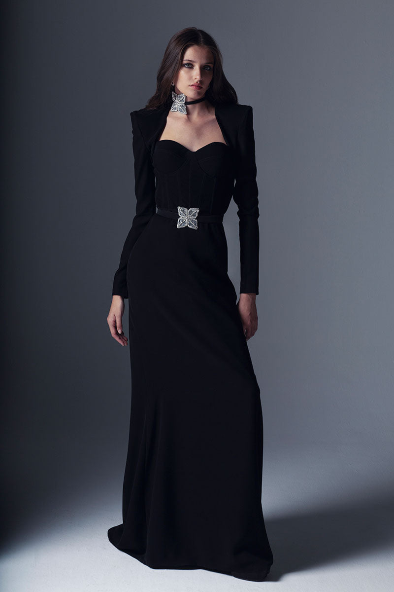High shoulder black crepe dress with head cover AAVVA High shoulder black crepe dress with head cover AAVVA