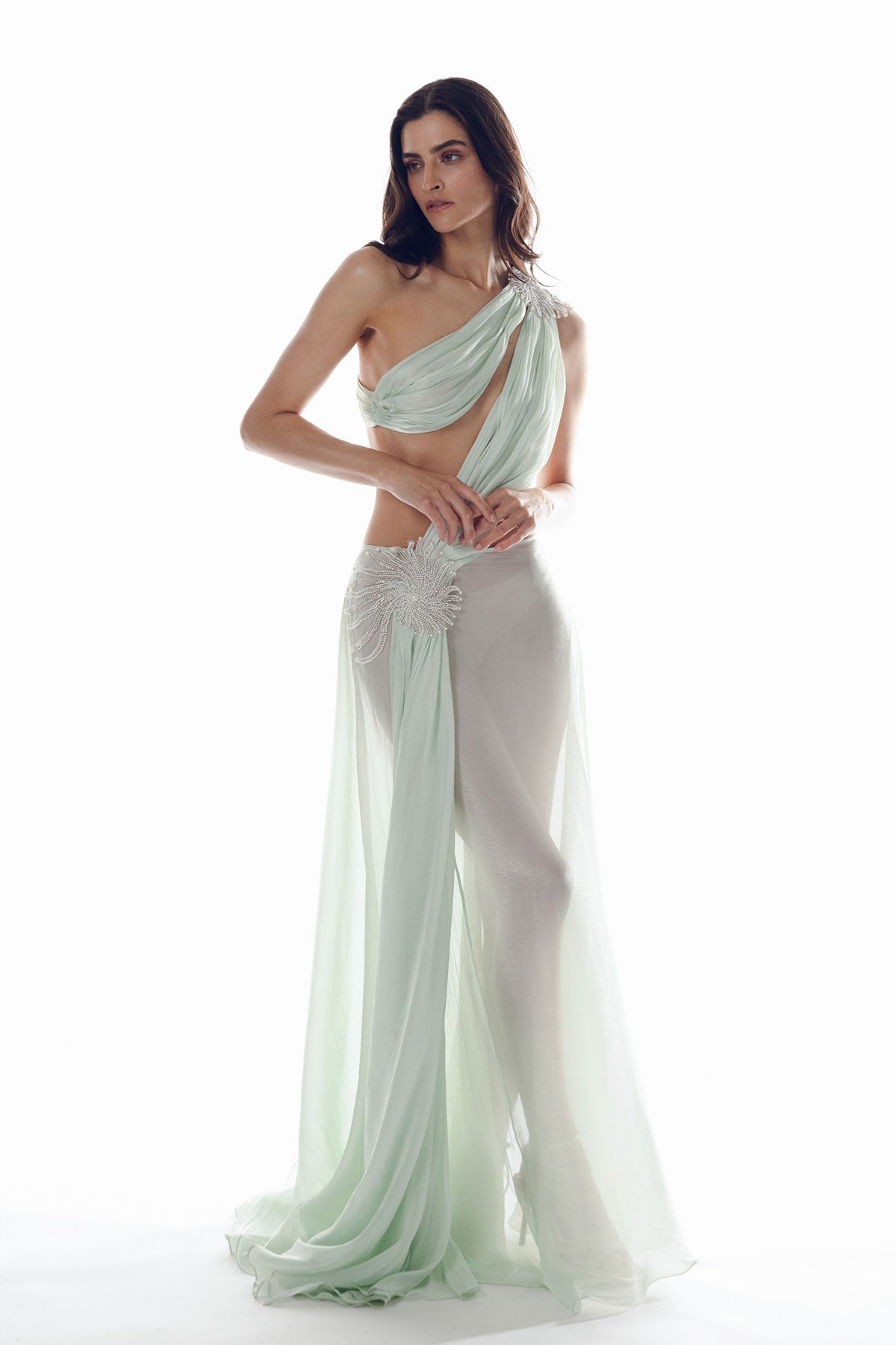 mint green grecian dress Draped Satin Grecian Column Gown with Convertible Straps