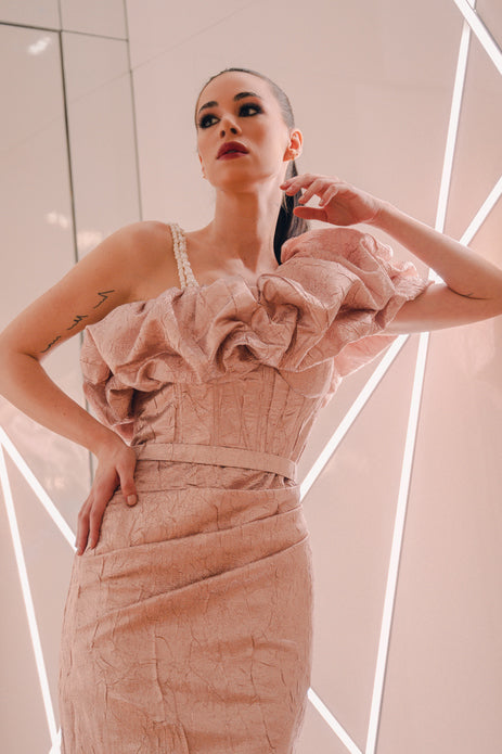 Pearled Peach Single Shoulder Dress