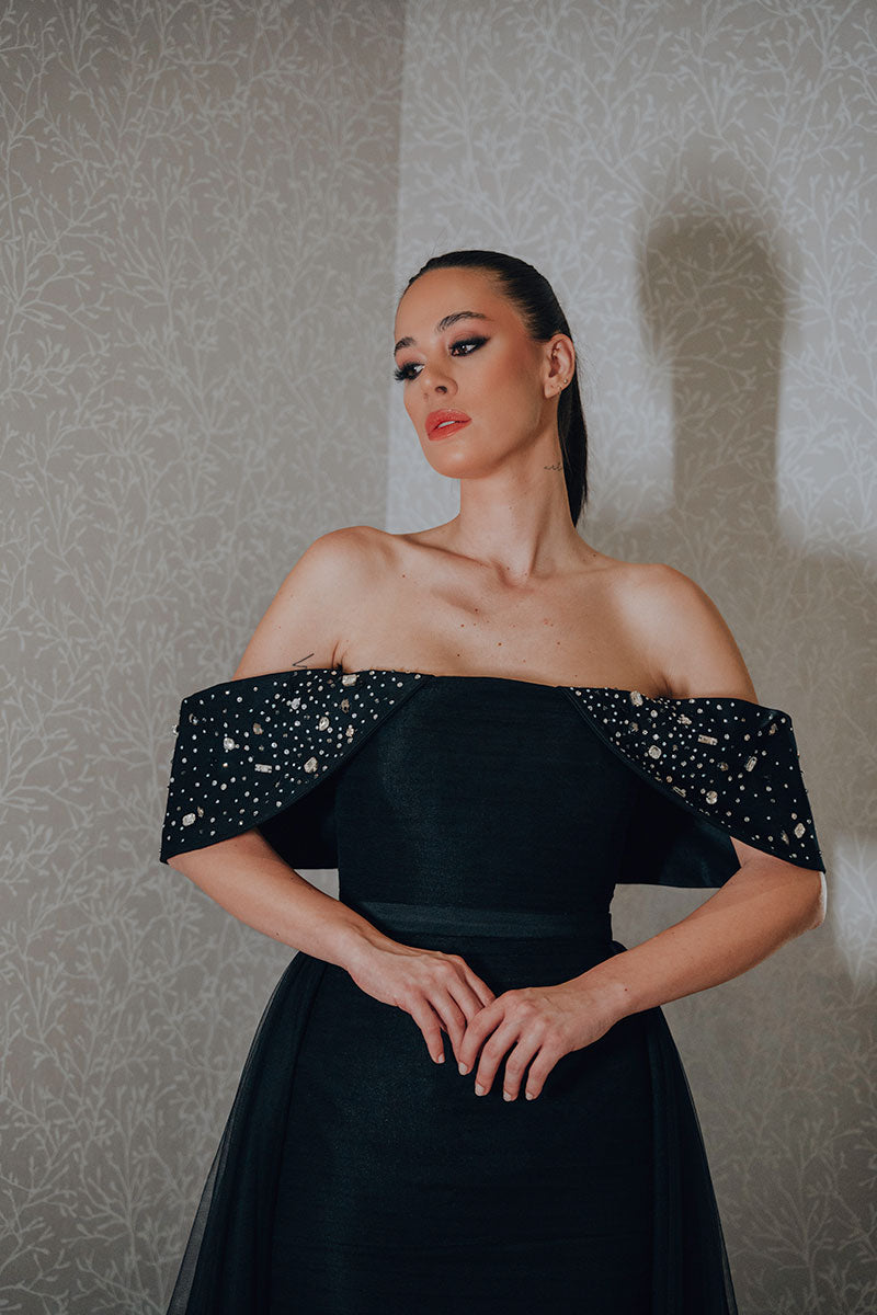 Tulle Pleated Gown With Crystals Off Shoulder Detail Combine With Detachable Skirt Tulle Cape