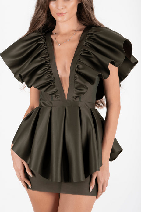 Army Green Ruffled Mini Dress