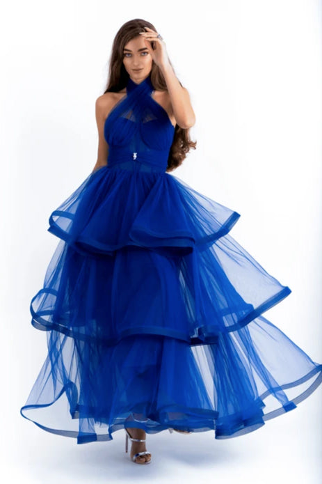 Cross Halter Neck Tulle Gown With Layered Skirt