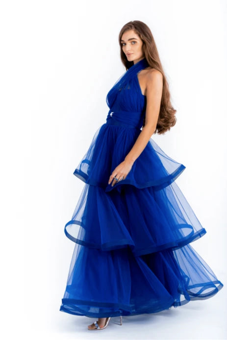 Cross Halter Neck Tulle Gown With Layered Skirt