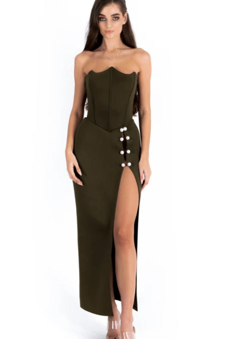 High Slit Bodycon Corset Gown with Pearls Detail