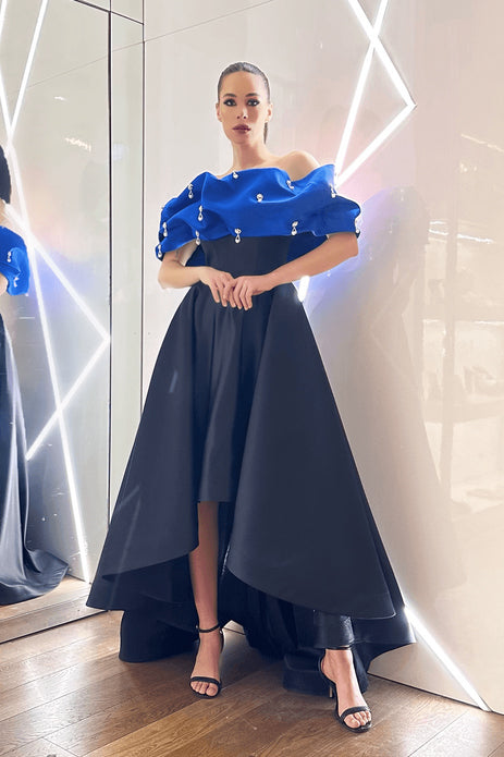 Off Shoulder Puffy Gown Embellished With Drop Crystal Pearls