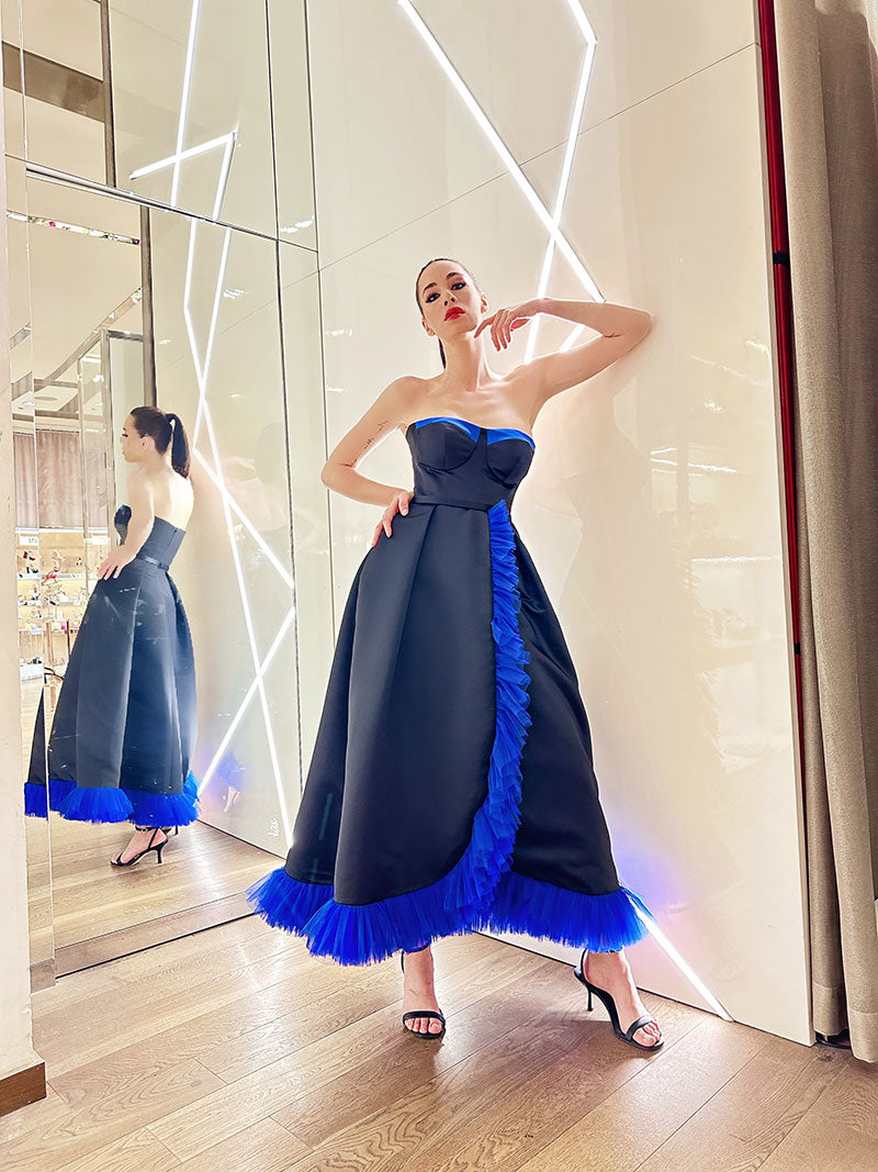 Strapless Short Bustier Gown With Side Slit With Tulle Frills