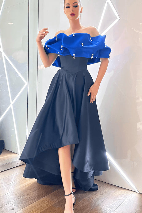 Off Shoulder Puffy Gown Embellished With Drop Crystal Pearls