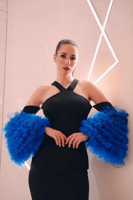 Halterneck Gown With Oversized Ruffle Sleeves