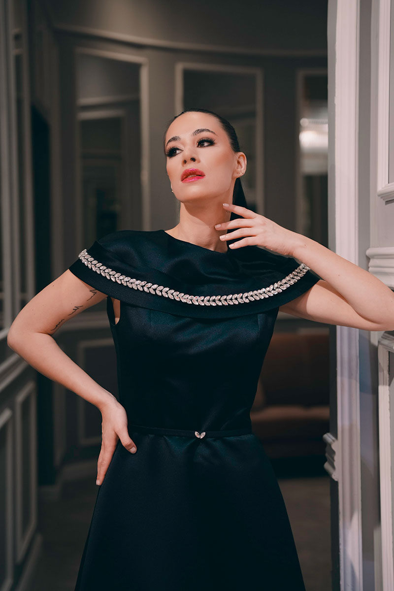 Satin Gown With Crystal Off Shoulder Embroidery Details