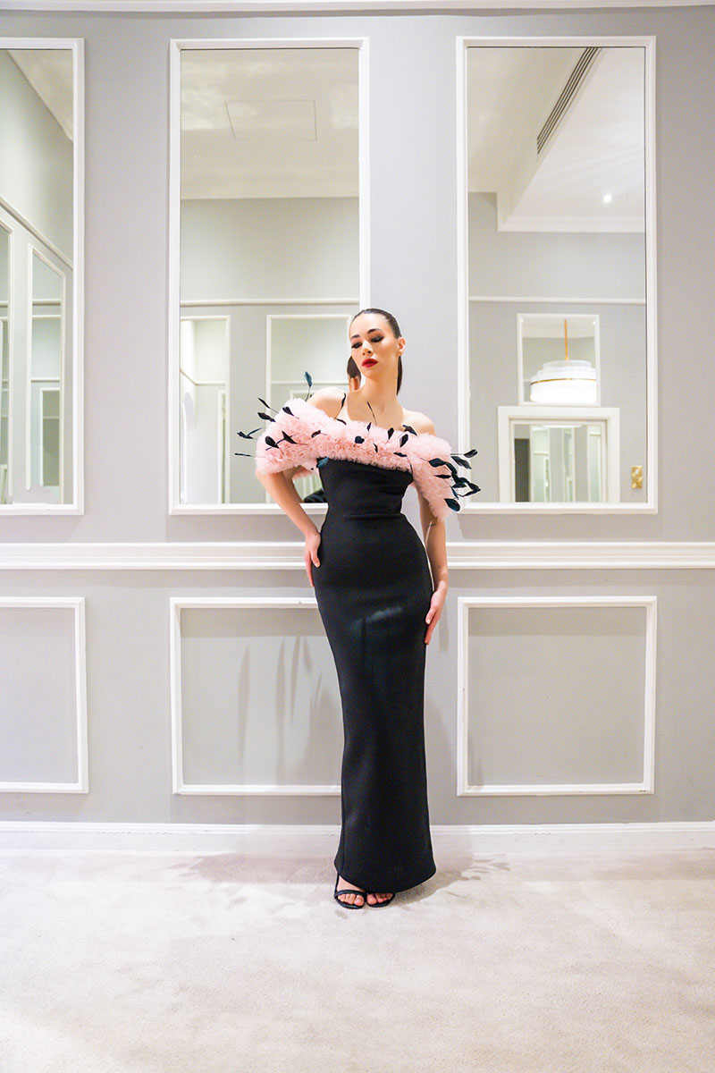 Neoprene Bodycon Dress With Ruffles And Feather Off Shoulder