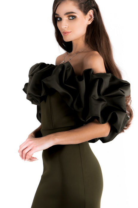 Puffy Off Shoulder Satin with Neoprene Bodycon