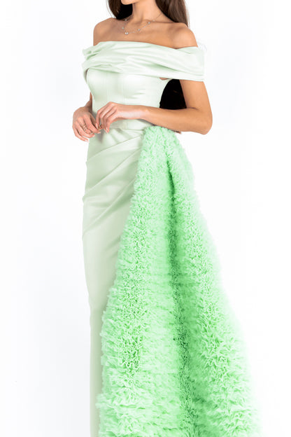 Mint Satin Gown with Tulle Sheering Skirt Cape