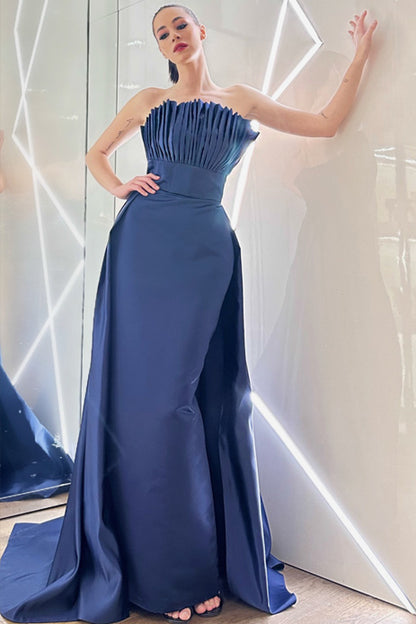 Pleated Satin Gown With Skirt Cape Design