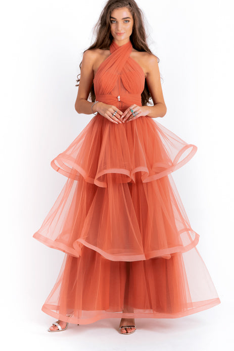 Cross Halter Neck Tulle Gown With Layered Skirt