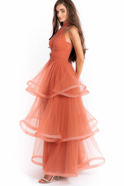 Cross Halter Neck Tulle Gown With Layered Skirt