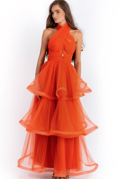 Cross Halter Neck Tulle Gown With Layered Skirt