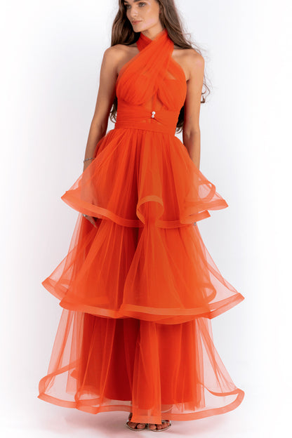 Cross Halter Neck Tulle Gown With Layered Skirt