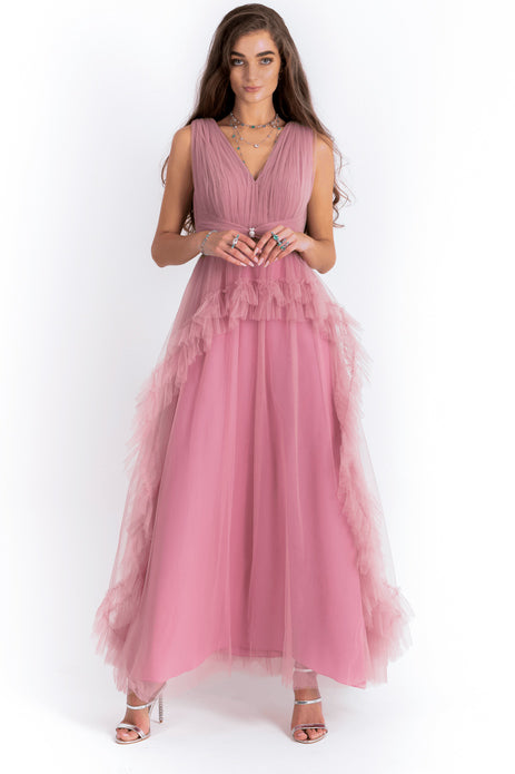 Draped V Neck Tulle Gown With Layered Skirt