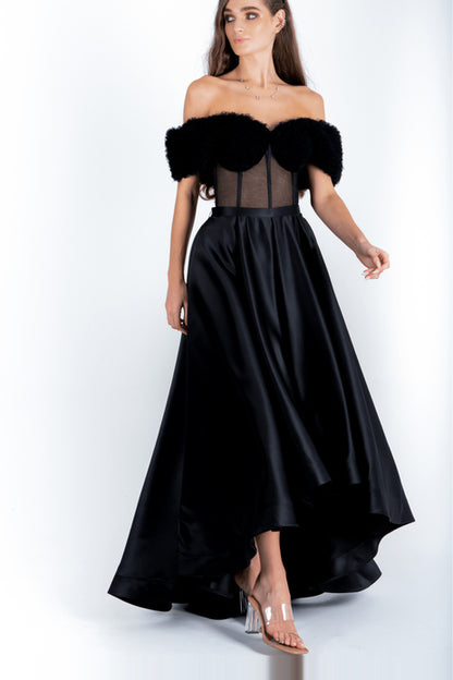 Sheering Off Shoulder Gown With Satin Skirt