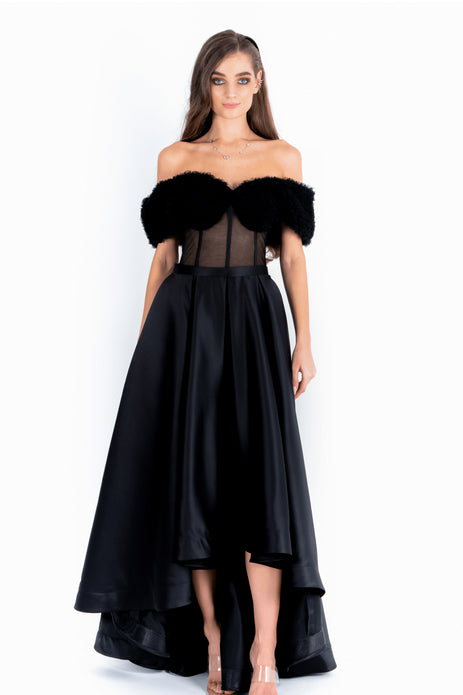 Sheering Off Shoulder Gown With Satin Skirt