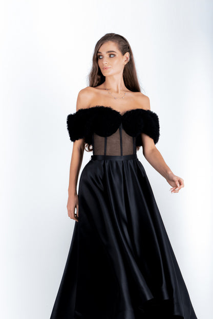 Sheering Off Shoulder Gown With Satin Skirt