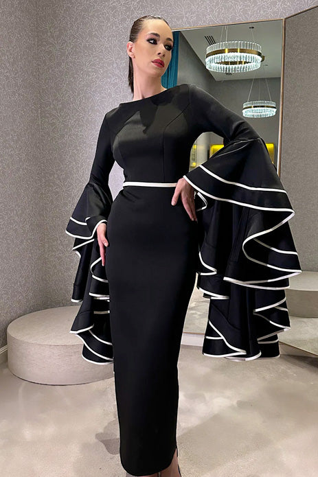 Fitted Neoprene Gown With Oversized Bell Satin Sleeves