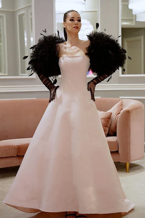 Satin A-Line Gown With Raffles And Feathers Sleeves