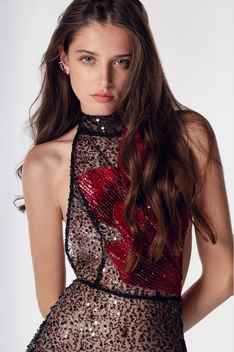 Full embroidered Jumpsuit with appliqué red flower