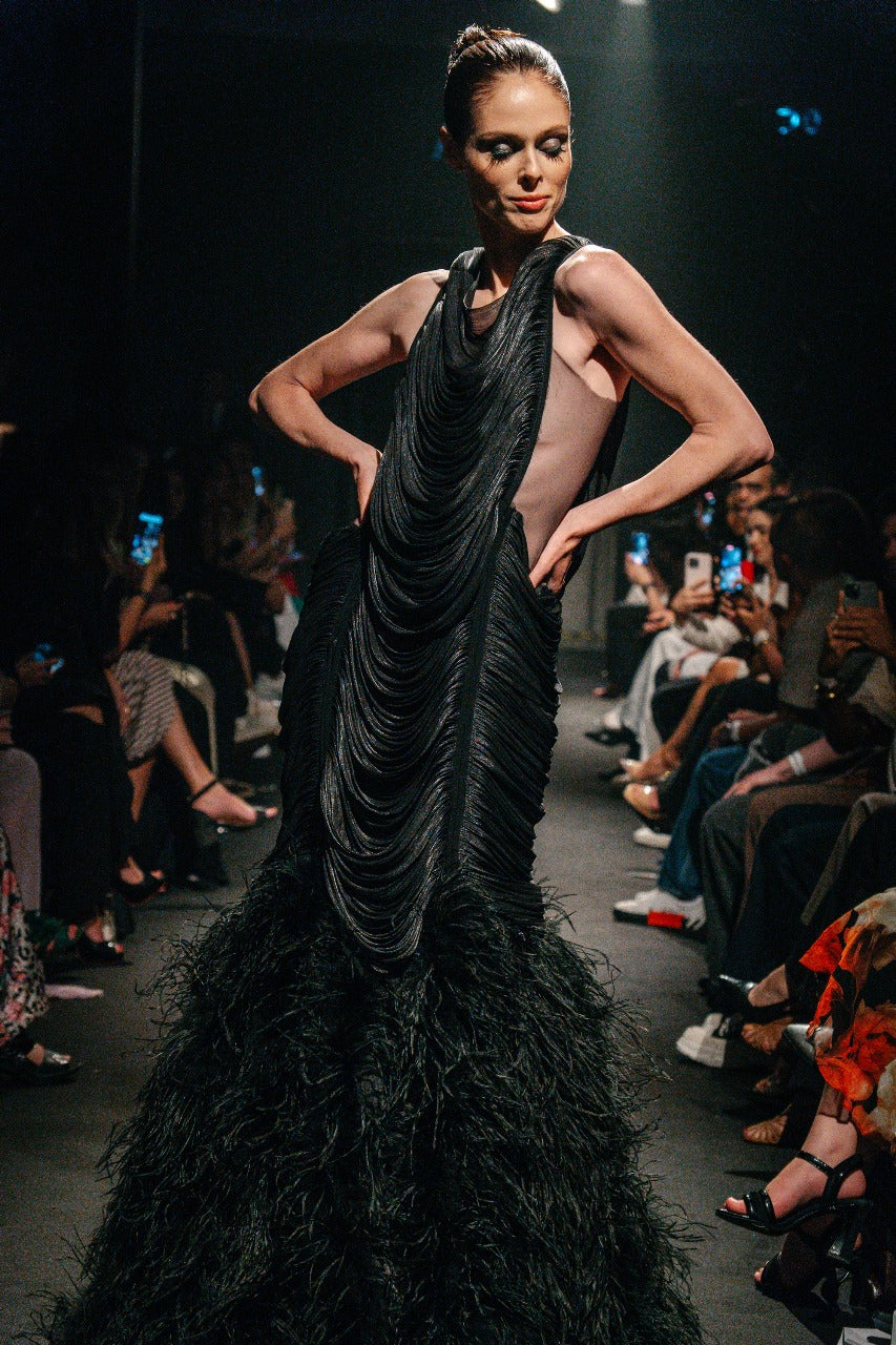 A dramatic black haute couture gown
