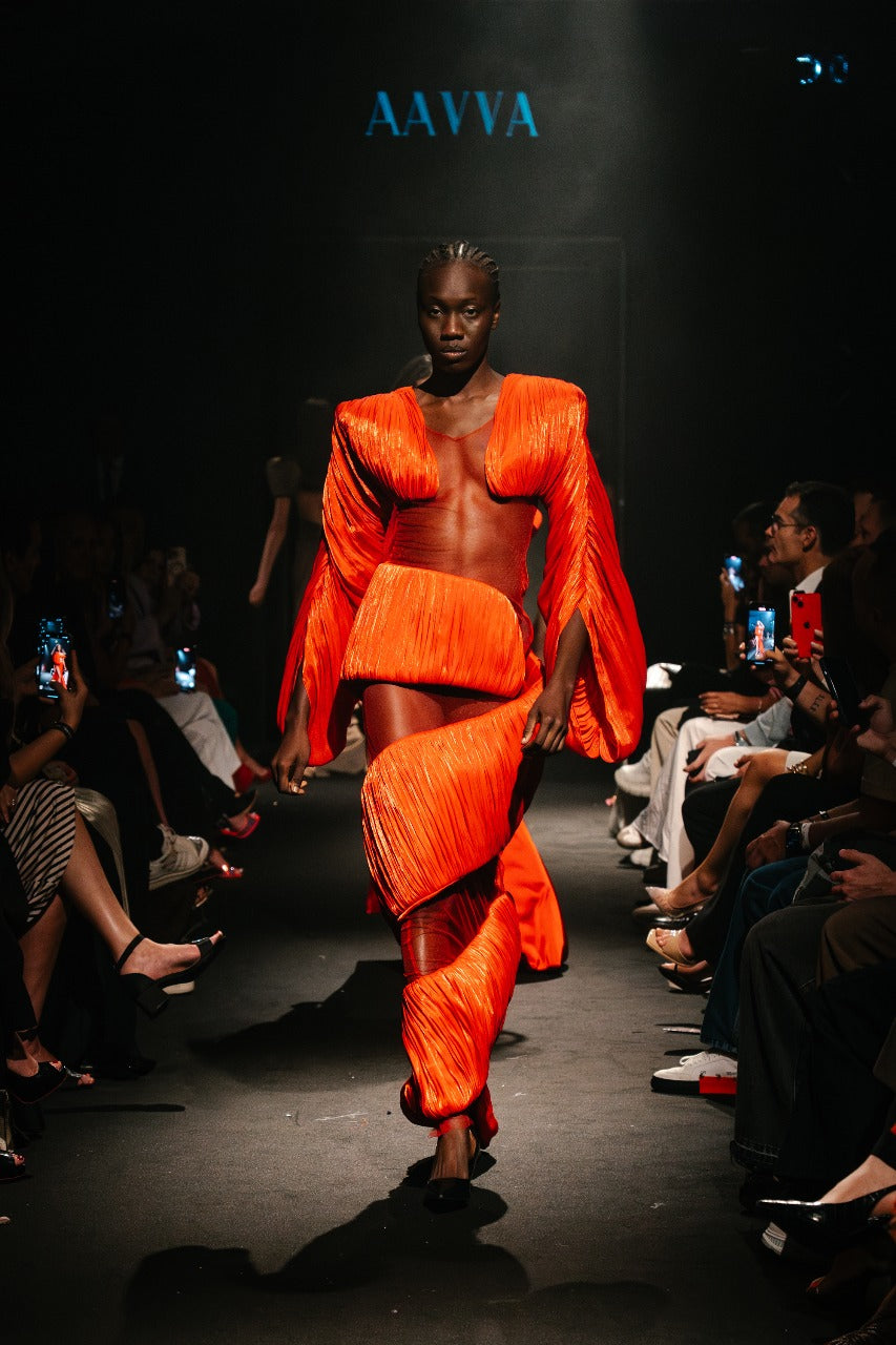 Gown Embelished with Pleats and Dramatic Silhouette