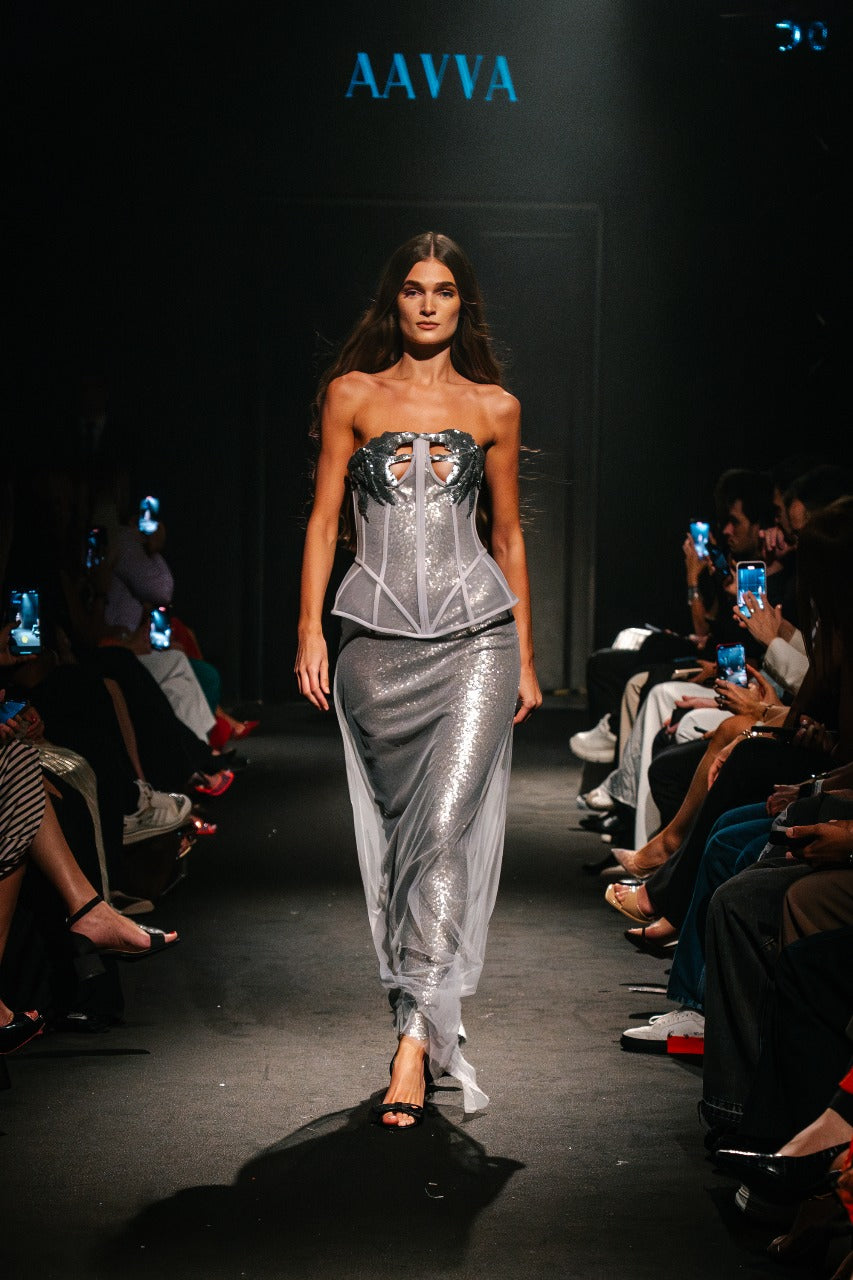 Dazzling Silver Gown with a Sculpted Corset