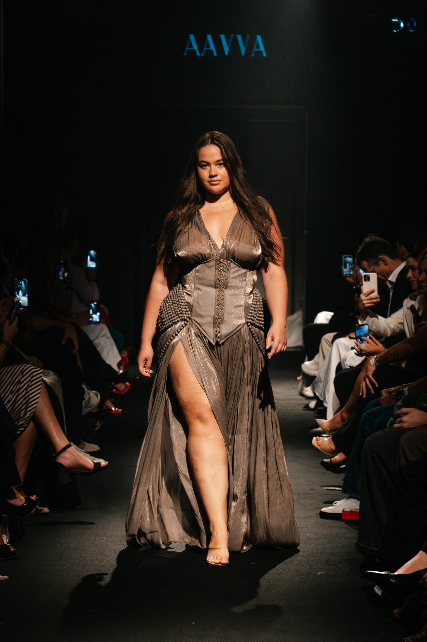 High Slit Deep V-neck Gown with cris-cross design