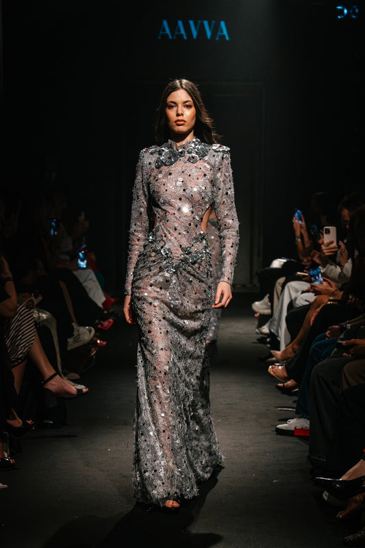 High Neck Long Sleeve Gown with Sculptural Draping