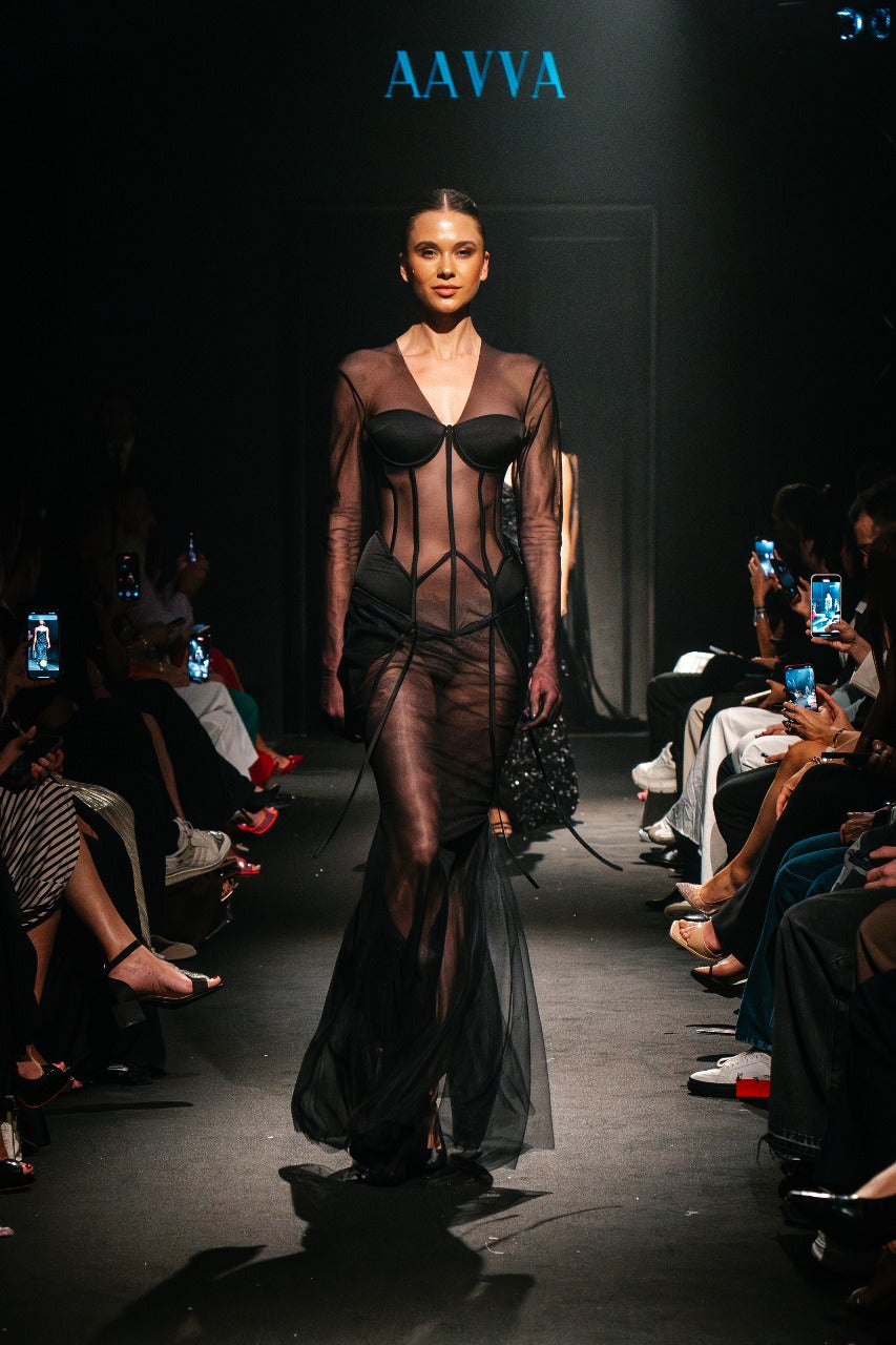Sheer Gown with a Structured Bodice and Sculpted Cups