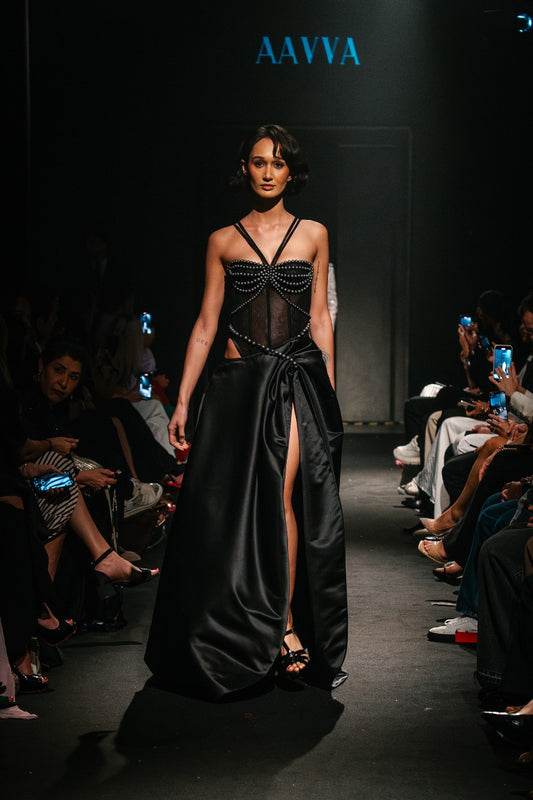 Satin Gown with a Daring High Slit, featuring a Corset-style Bodice Adorned